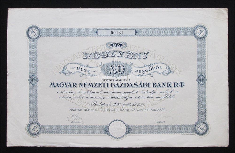 Magyar Nemzeti Gazdasgi Bank 20 peng 1926 - irredenta